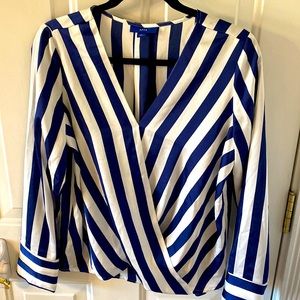 women’s blue striped polyester blouse, cross over style in front